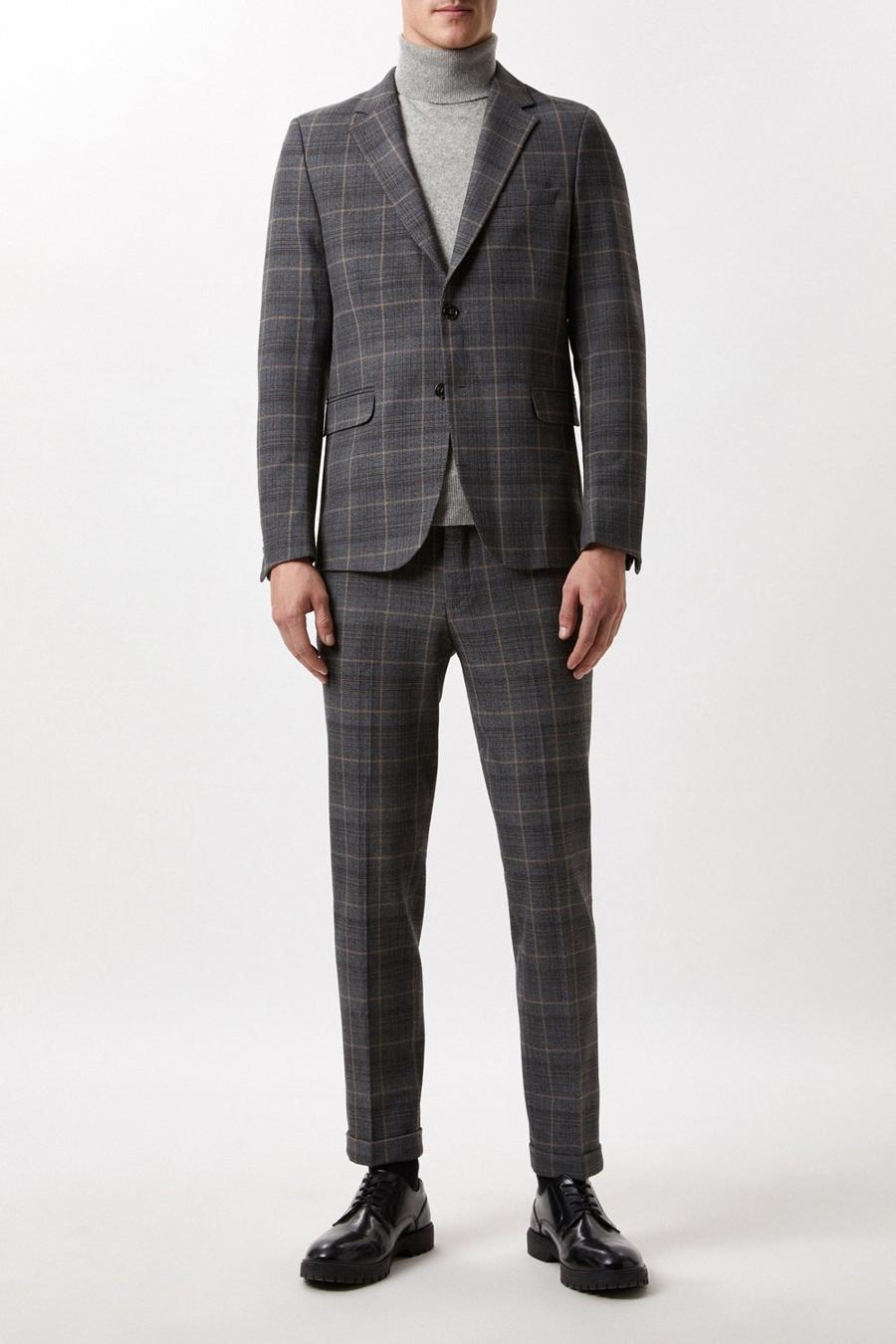 Slim Fit Brown Over Check Suit Jacket