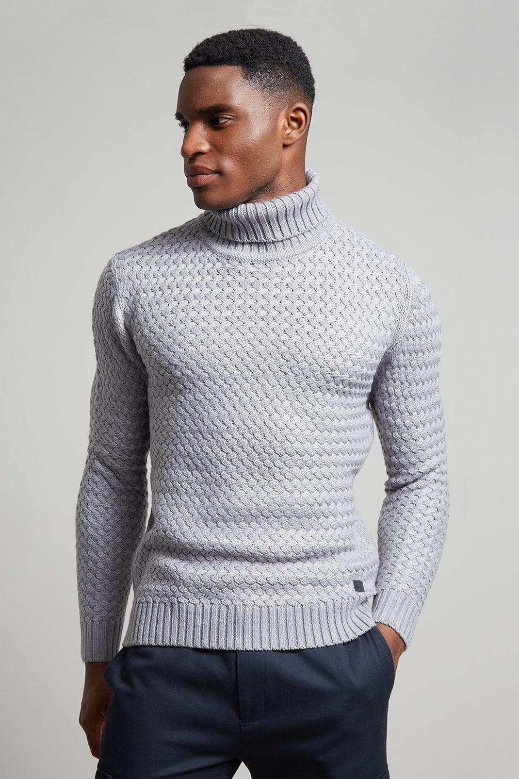 265 Grey Textured Knitted Roll Neck Jumper image number 1