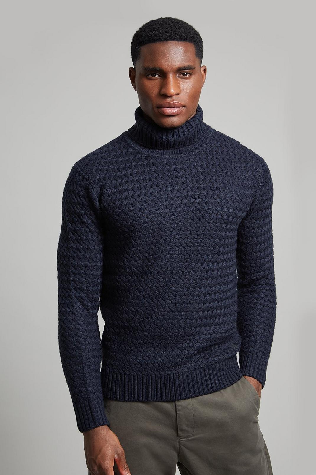 148 Navy Textured Knitted Roll Neck Jumper image number 1
