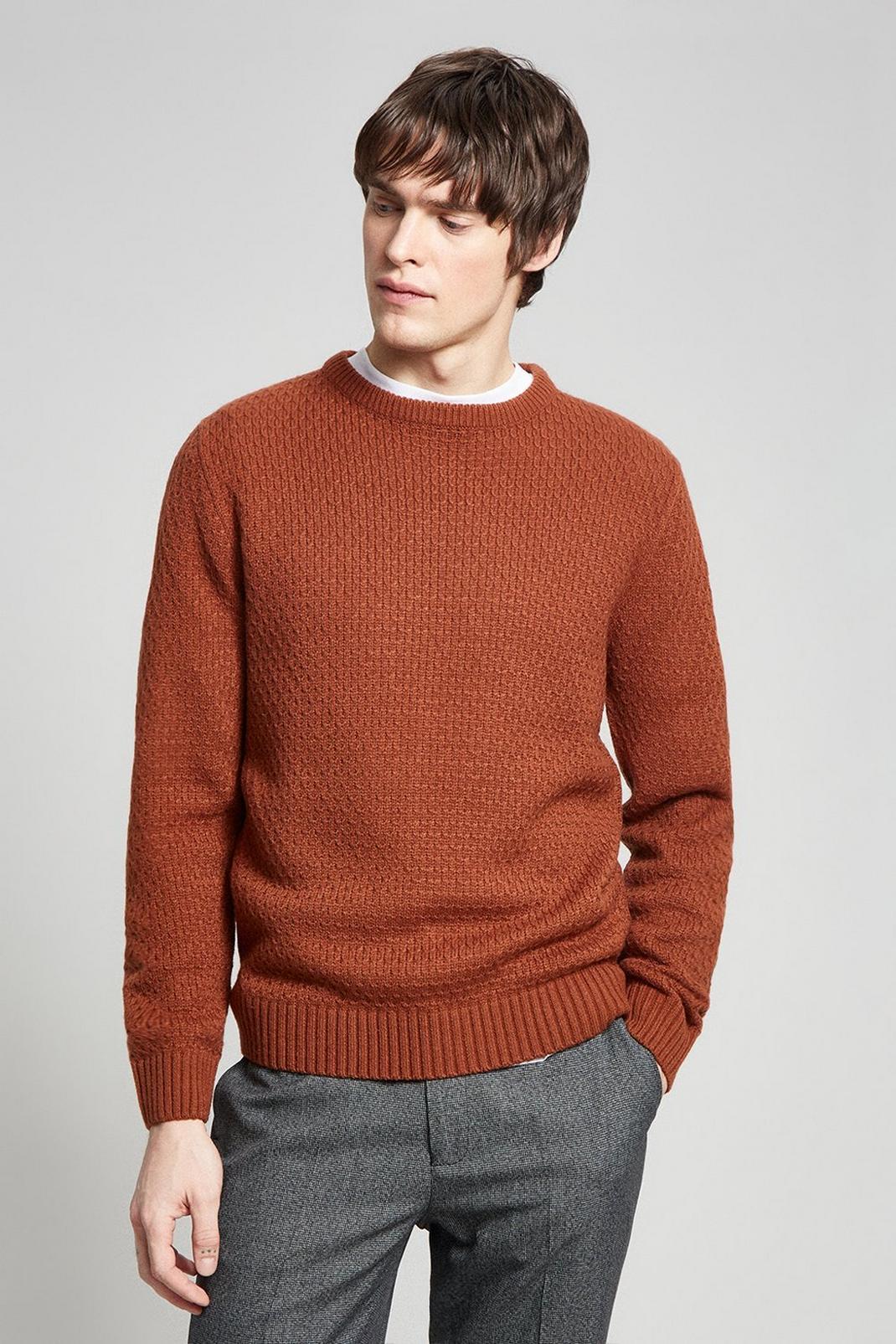 208 Rust Textured Knitted Crew Neck Jumper image number 1