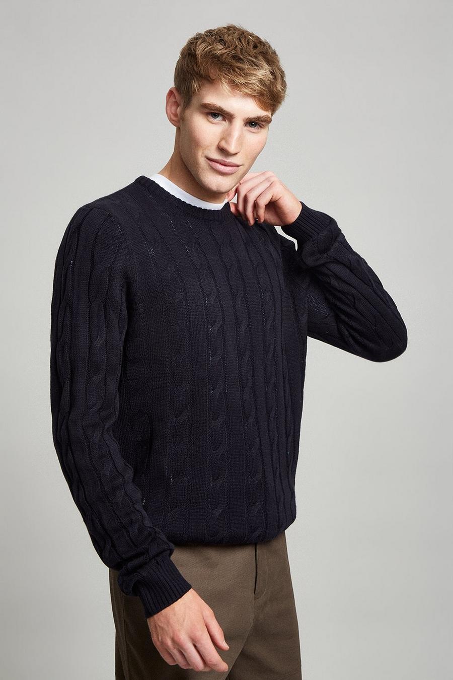 Navy Crew Neck Stripe Cable Knit Jumper