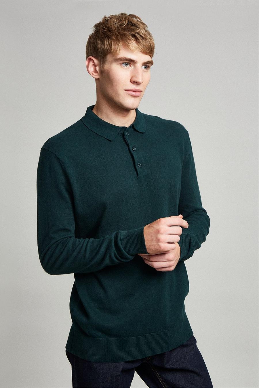 Green Long Sleeve Fine Gauge Knitted Polo 