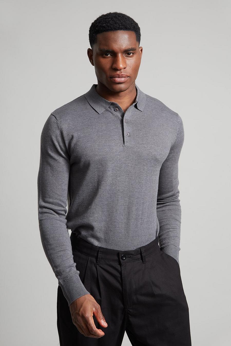 Grey Long Sleeve Fine Gauge Knitted Polo