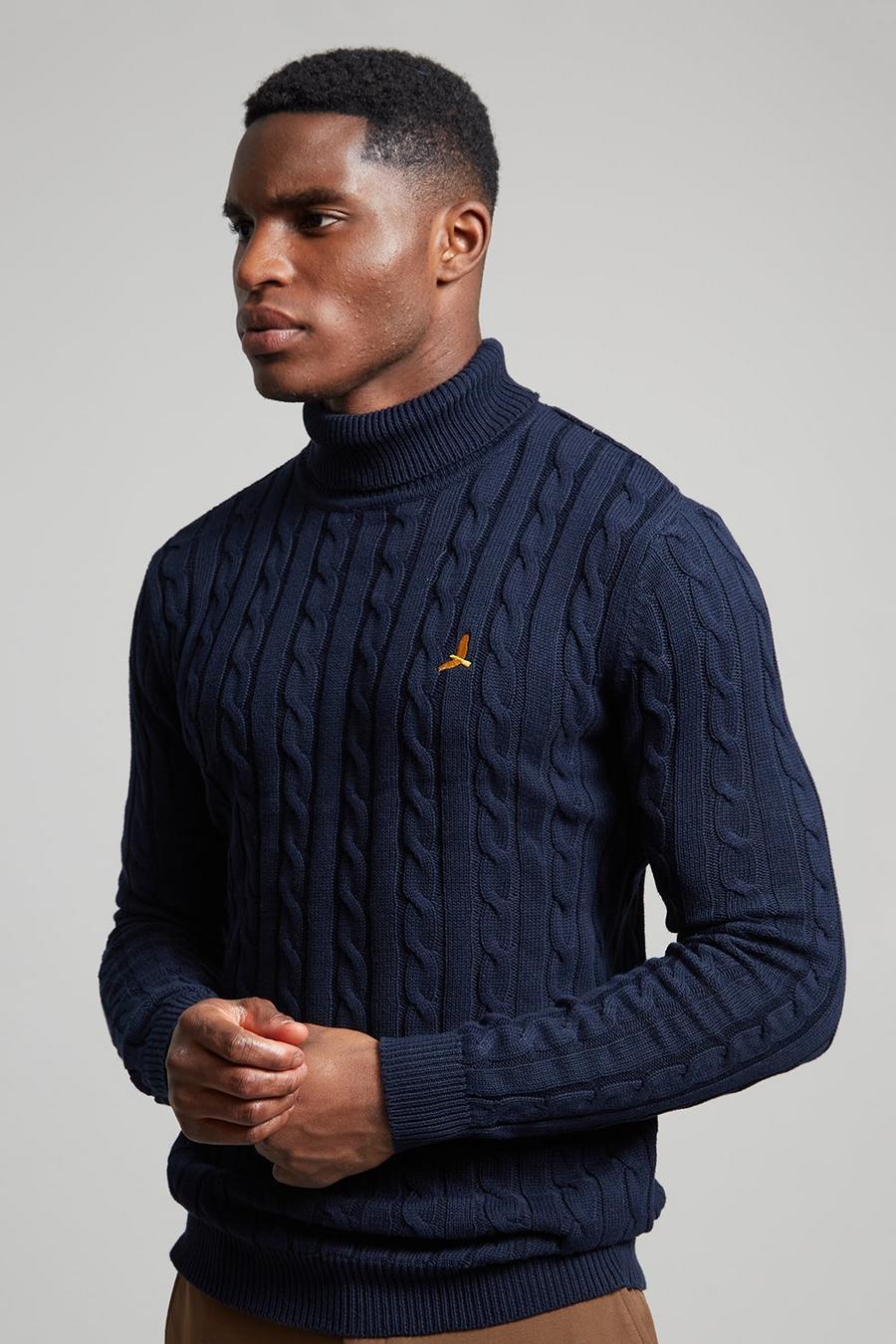 Navy All Over Cable Knit Roll Neck Jumper