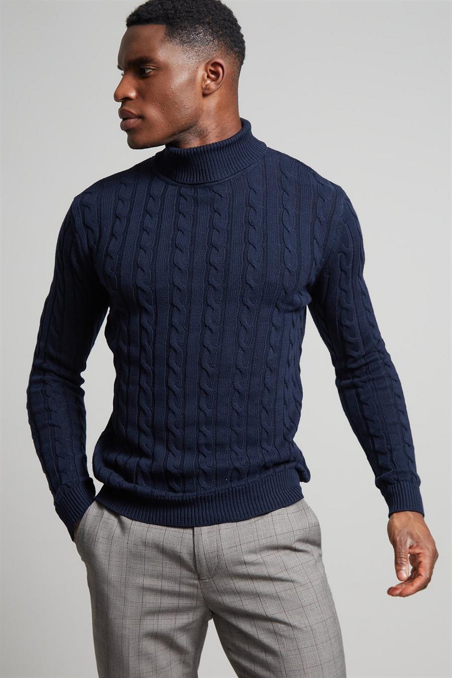 Navy Roll Neck Cable Knit Stripe Jumper