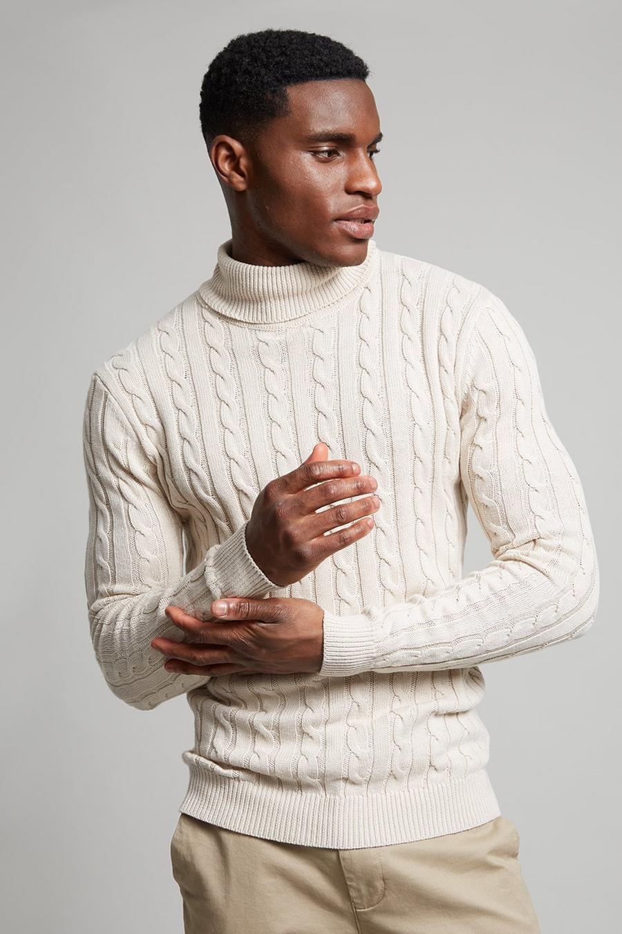 Oatmeal Roll Neck Cable Knit Stripe Jumper