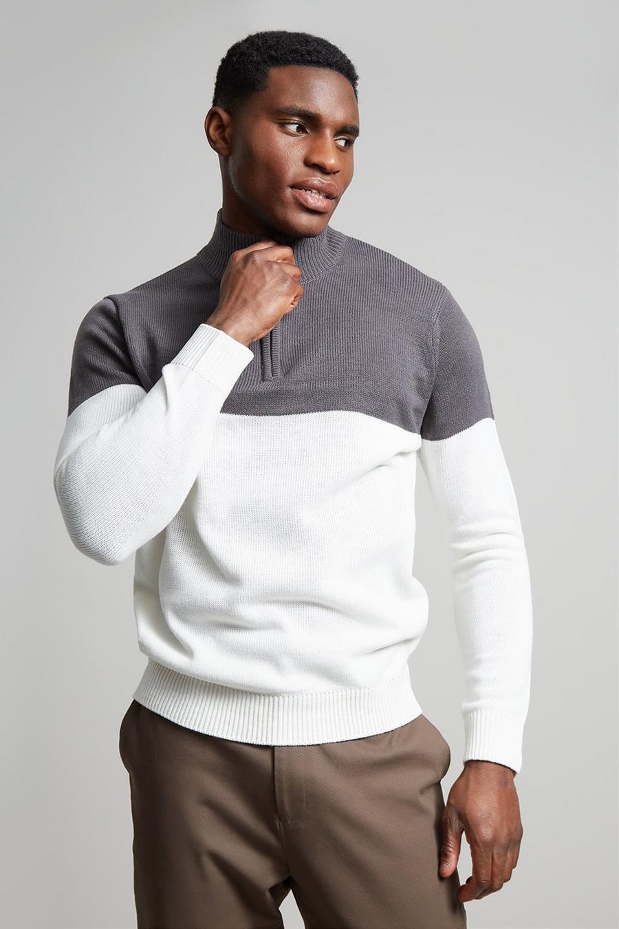 Grey 1/4 Zip Colour Block Knitted Jumper