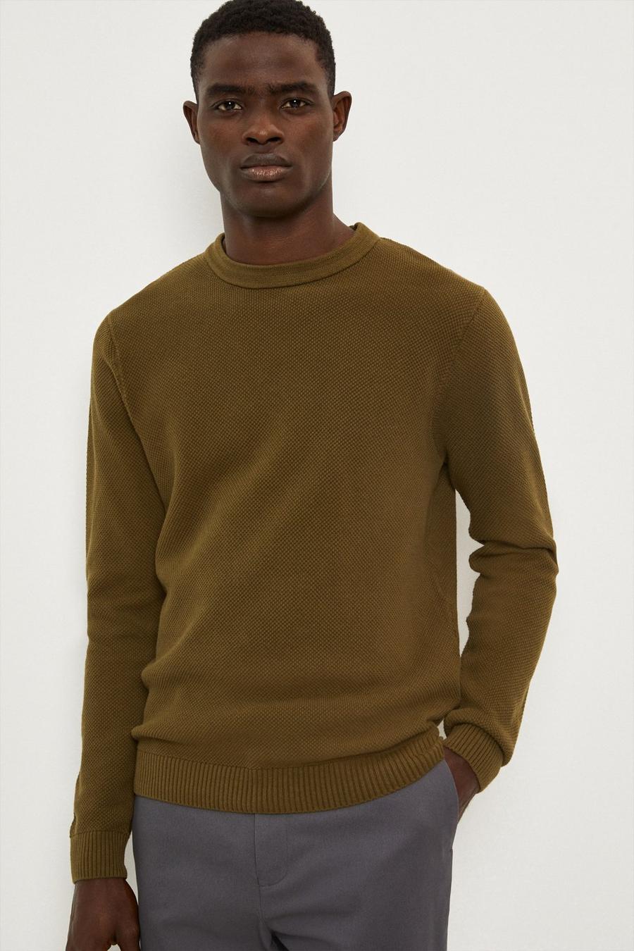 Slim Fit Olive Long Sleeve Mossy Knit Crew Neck Jumper