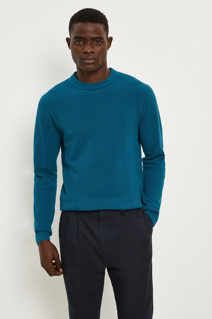 Slim Fit Long Sleeve Mossy Stitch Teal Crew Neck Jumper