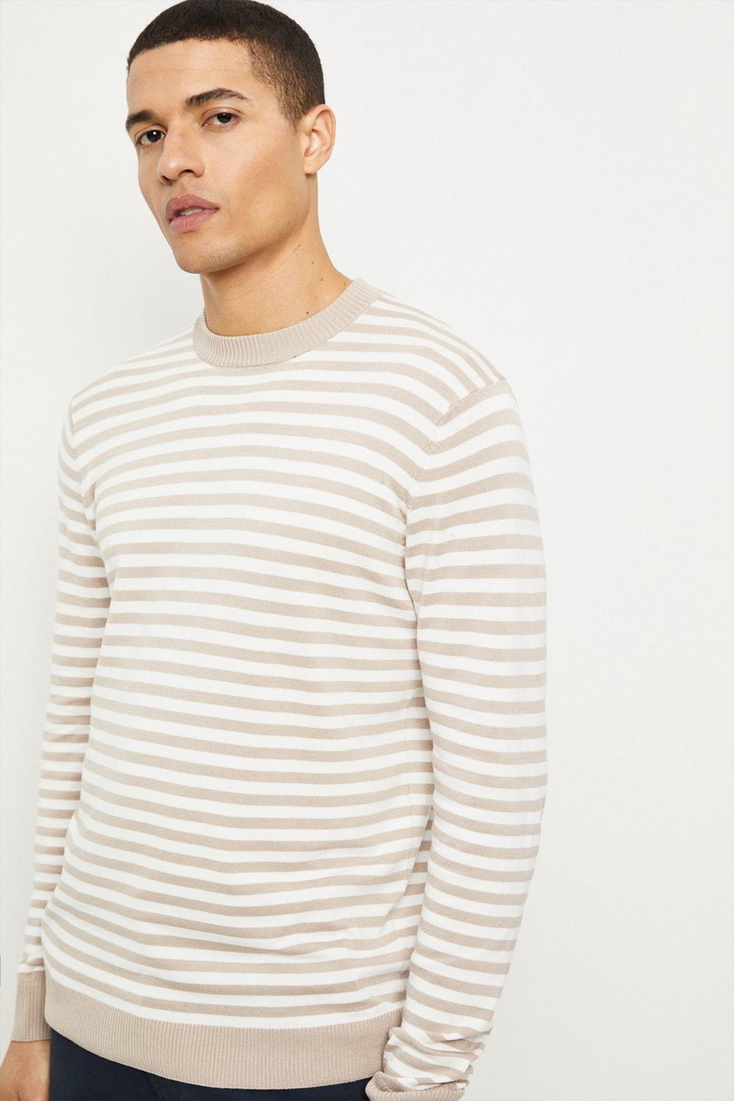 Slim Fit White Stripe Long Sleeve Knitted Crew Neck Jumper image number 1