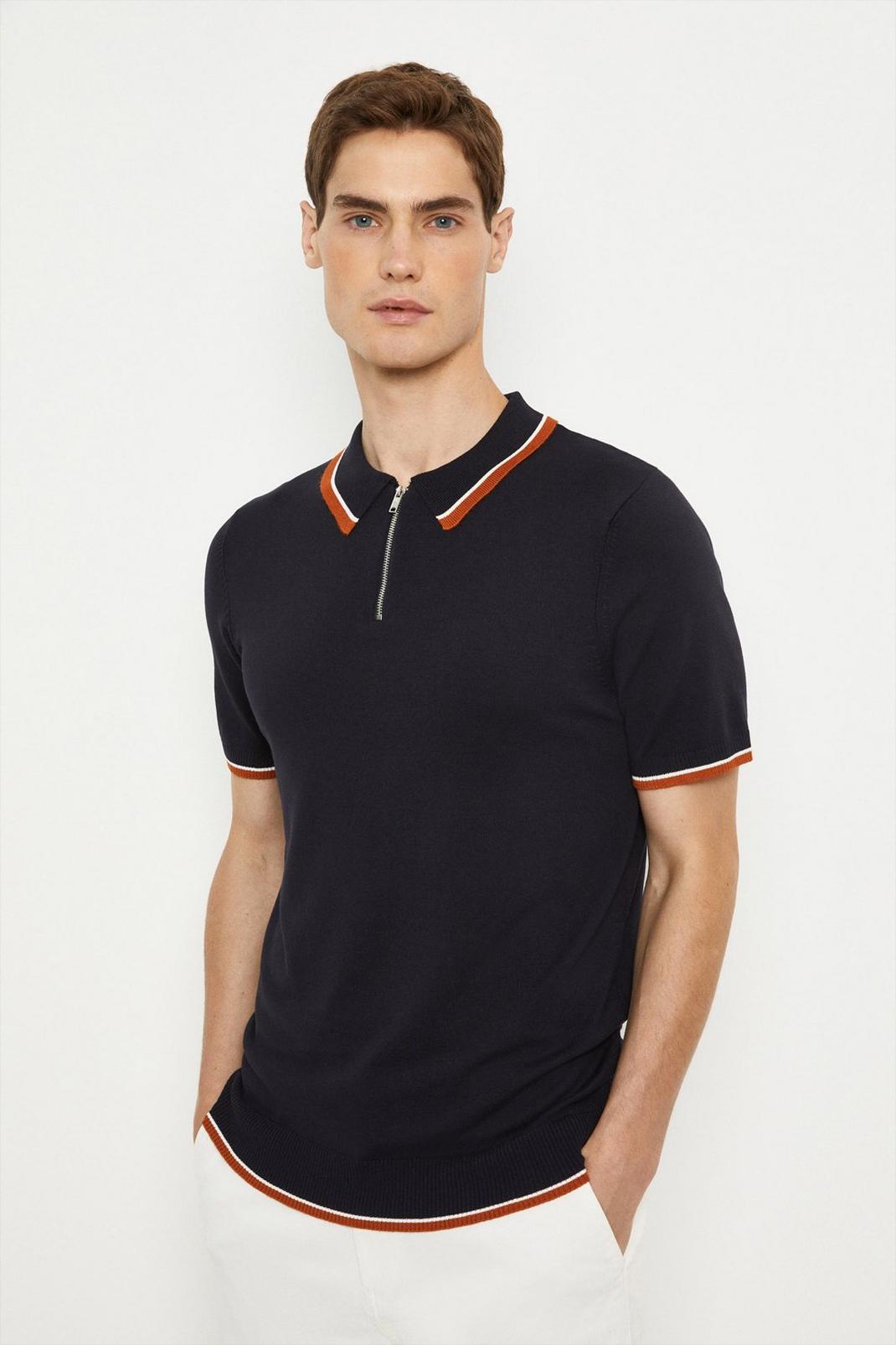 Slim Fit Navy Short Sleeve Tipped Knitted Polo image number 1