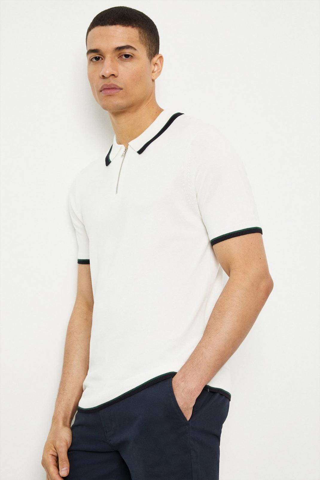Slim Fit White Short Sleeve Tipped Polo image number 1