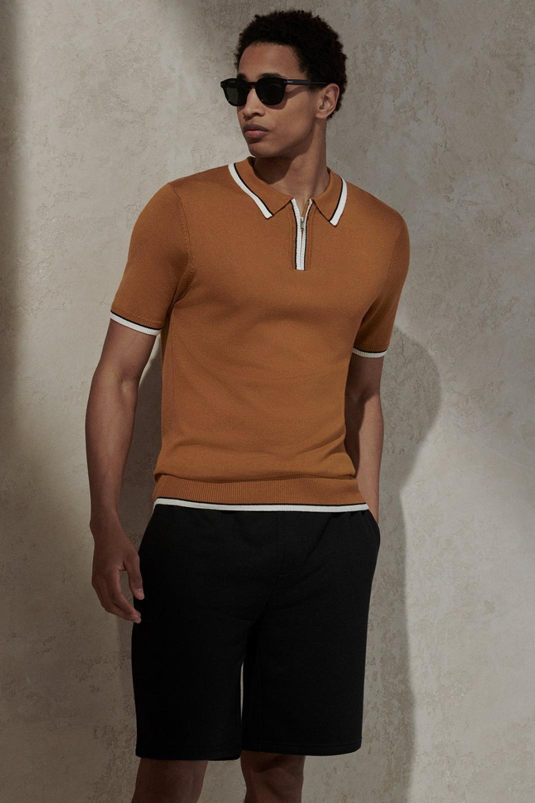 Slim Fit Brown Short Sleeve Tipped Knitted Polo image number 1