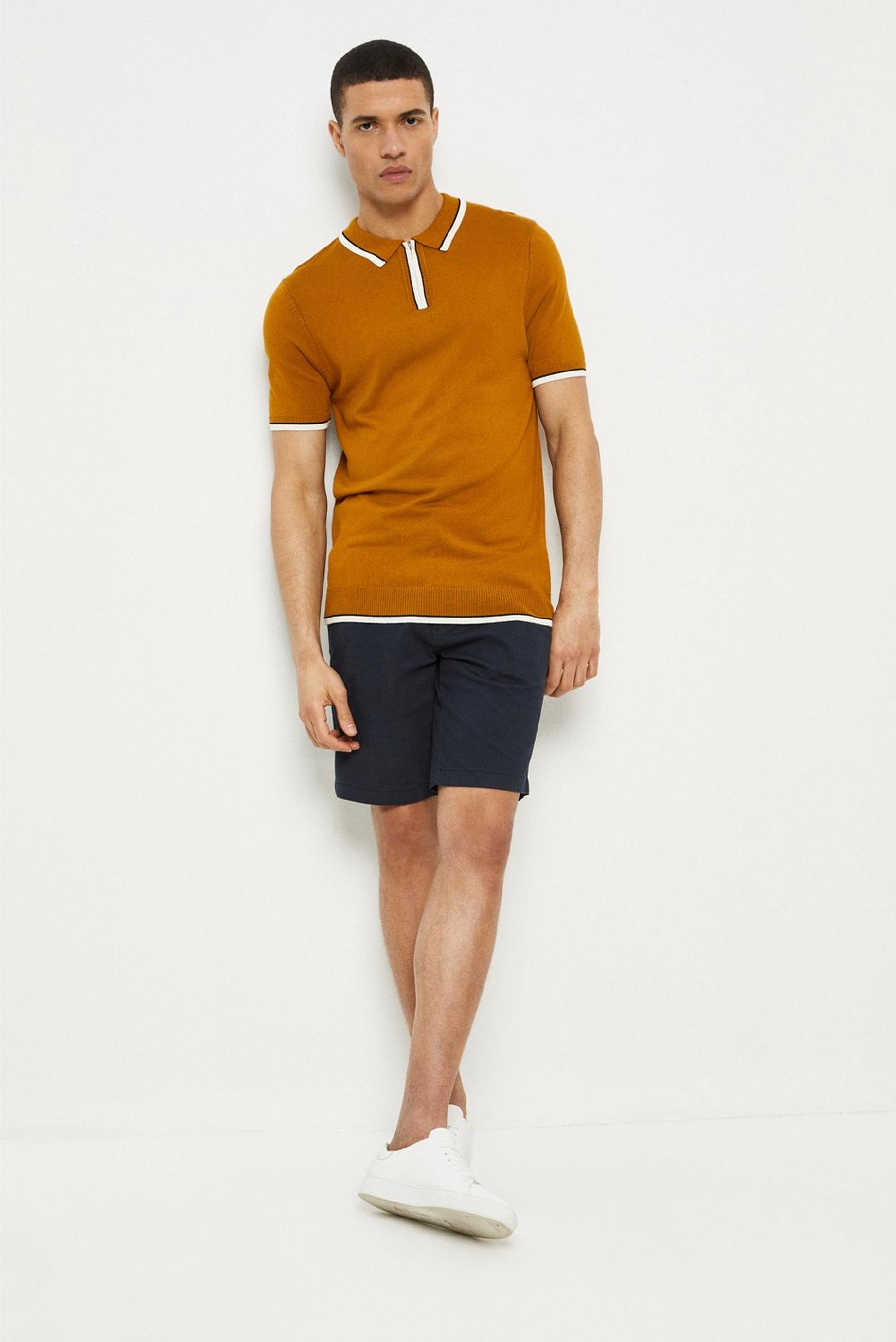 Slim Fit Brown Short Sleeve Tipped Knitted Polo