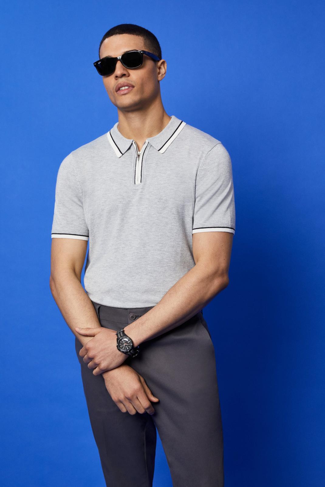Grey marl Slim Fit Grey Short Sleeve Tipped Knitted Polo image number 1
