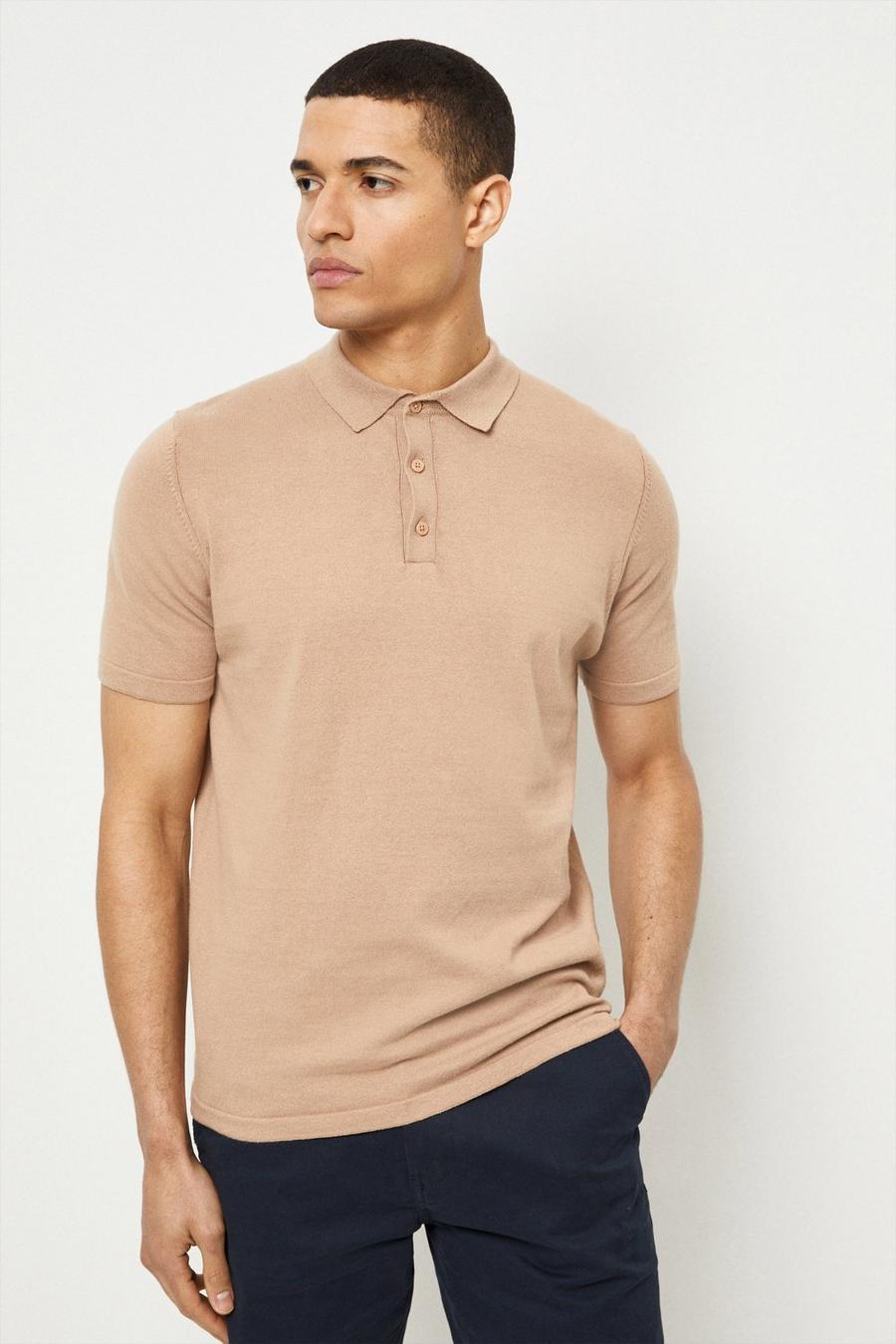 Slim Fit Beige Short Sleeve Modern Knitted Polo