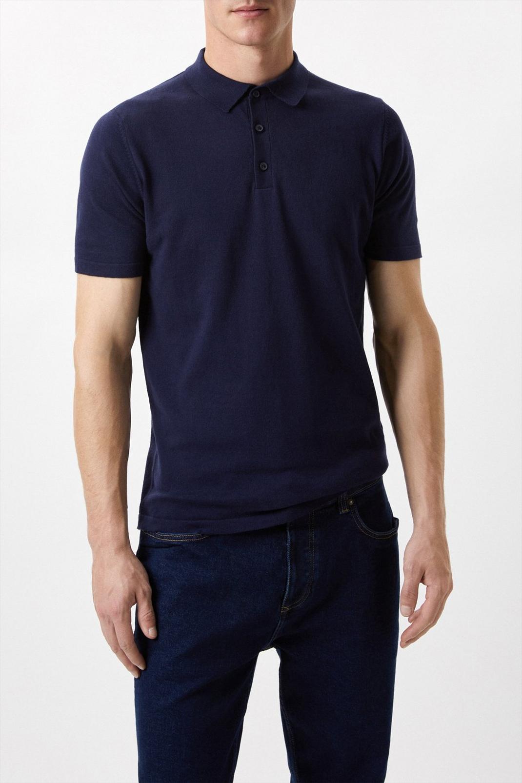 Slim Fit Navy Short Sleeve Modern Knitted Polo image number 1