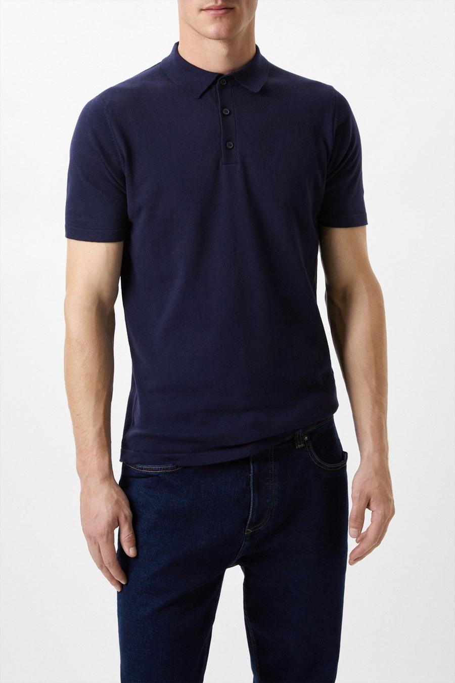 Cotton Rich Navy Modern Knitted Polo Shirt