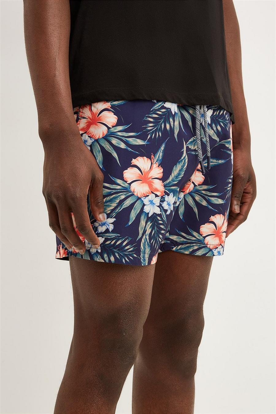 Navy Floral Print Swim Shorts