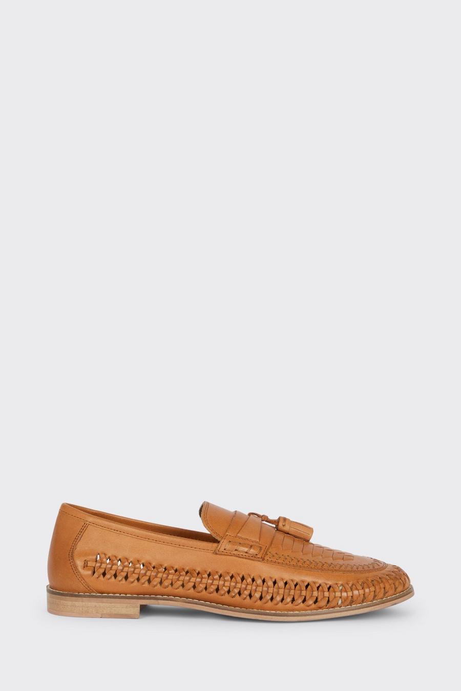 Tan Leather Woven Tassel Loafers