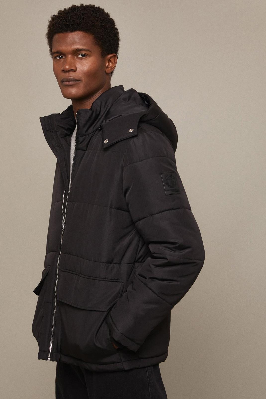 Black Quilted Utility Puffer Jacket image number 1
