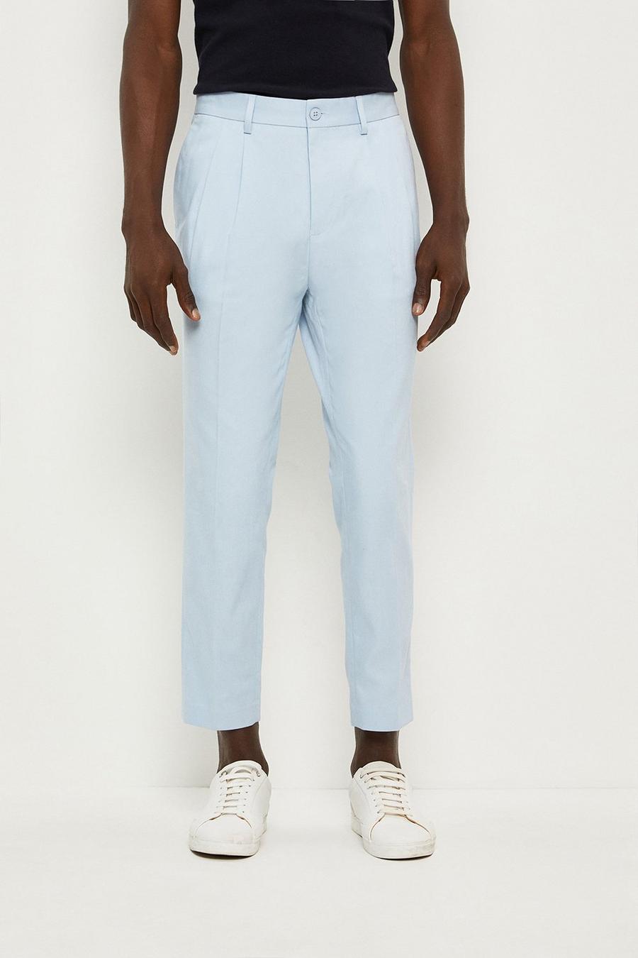 Tapered Fit Blue Pleat Front Chino Trousers