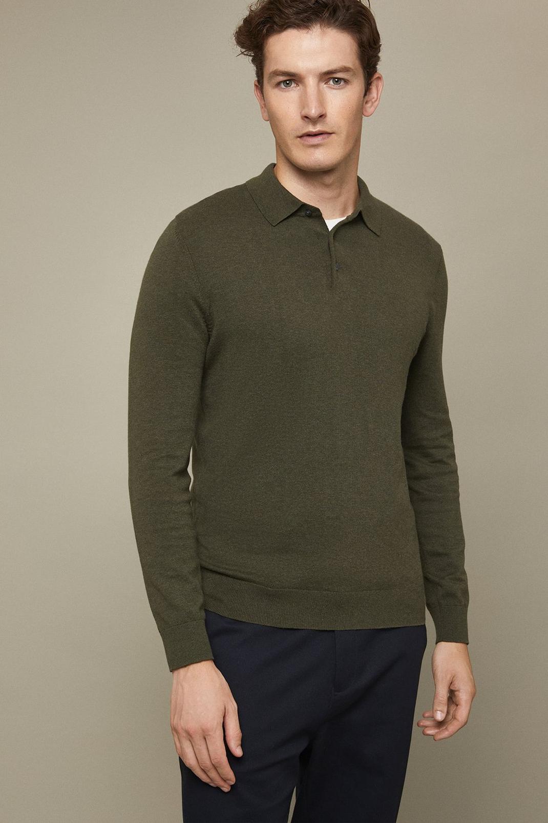 Cotton Rich Khaki Knitted Polo Shirt image number 1
