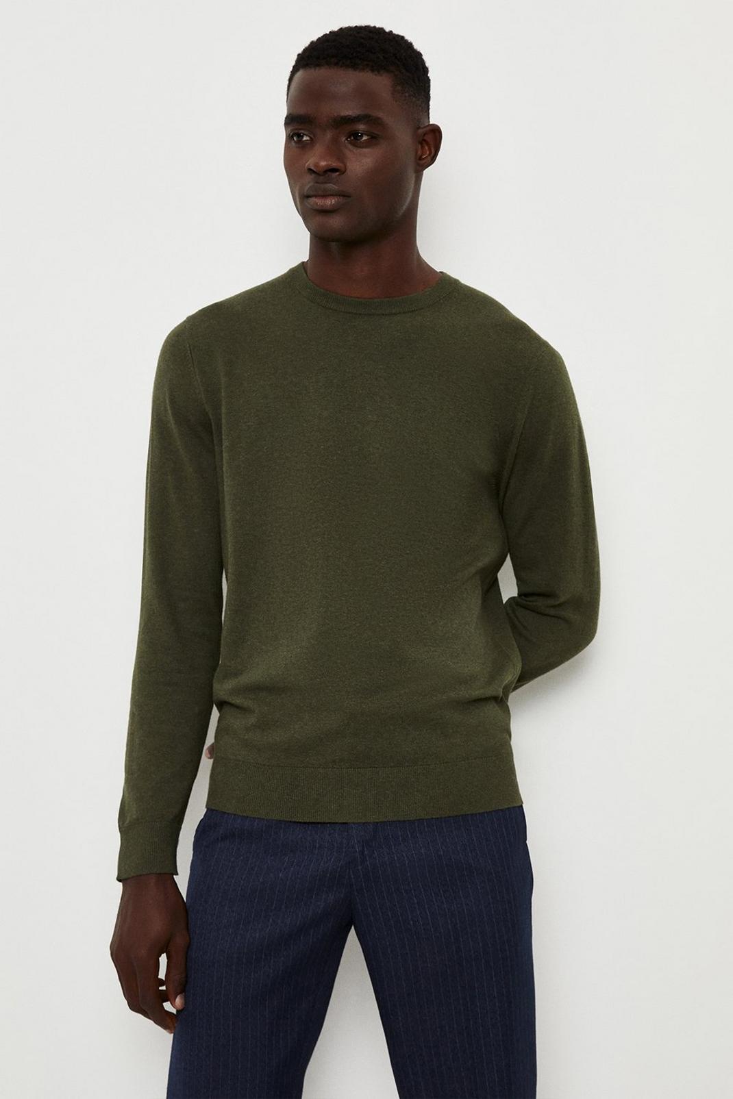 Cotton Rich Khaki Knitted Crew Neck Jumper image number 1