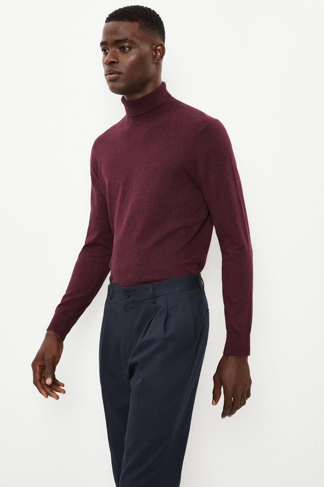 Cotton Rich Burgundy Knitted Roll Neck Jumper image number 1