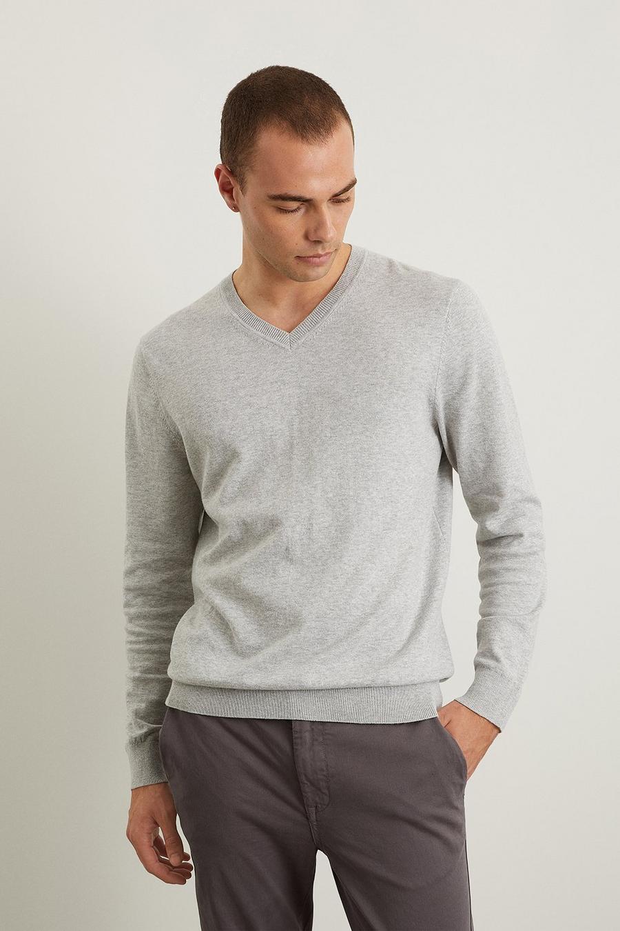 Cotton Rich Light Grey V-Neck Knitted Jumper