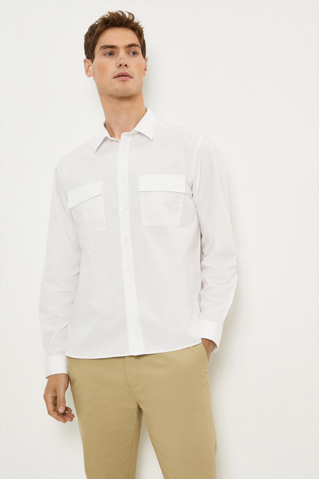 White Long Sleeve Twin Pocket Shirt image number 1