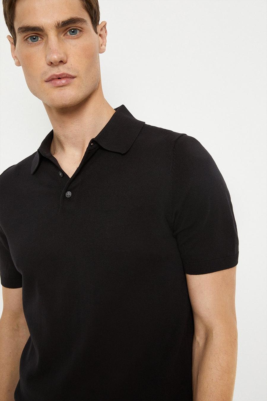 Cotton Rich Black Knitted Polo Shirt
