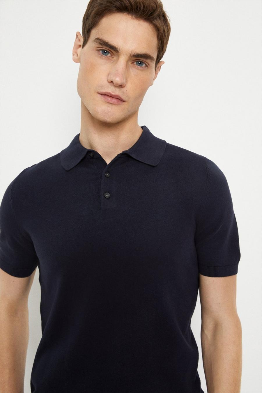 Slim Fit Navy Knitted Polo