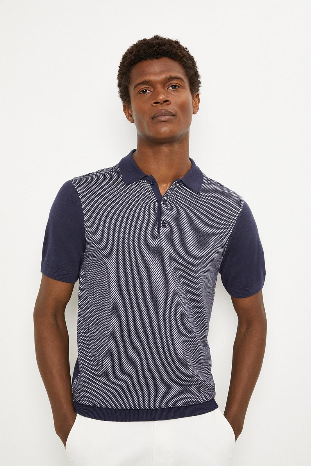 Slim Fit Navy Birdseye Textured Knitted Polo image number 1