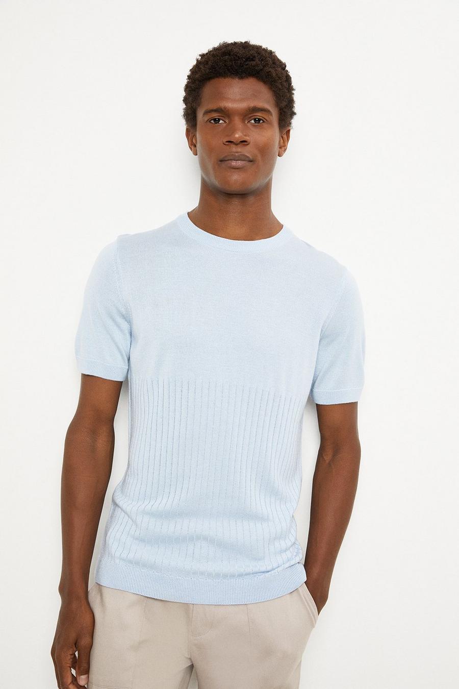 Slim Fit Blue Half Rib Knitted T-shirt