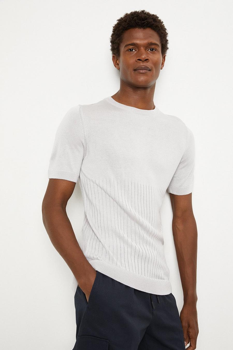 Slim Fit Grey Half Rib Knitted T-shirt