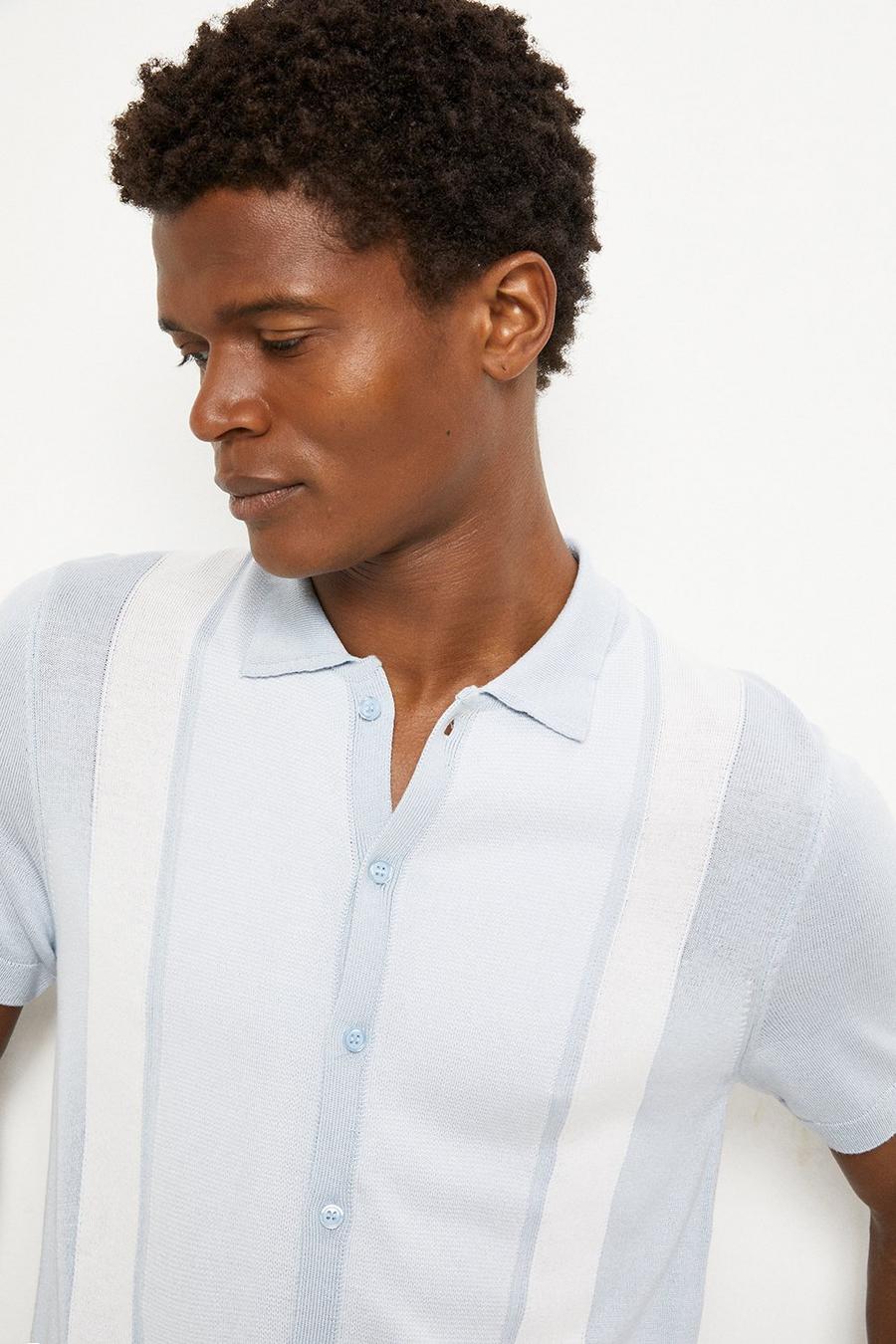  Vertical Stripe Button Through Knitted Polo Shirt