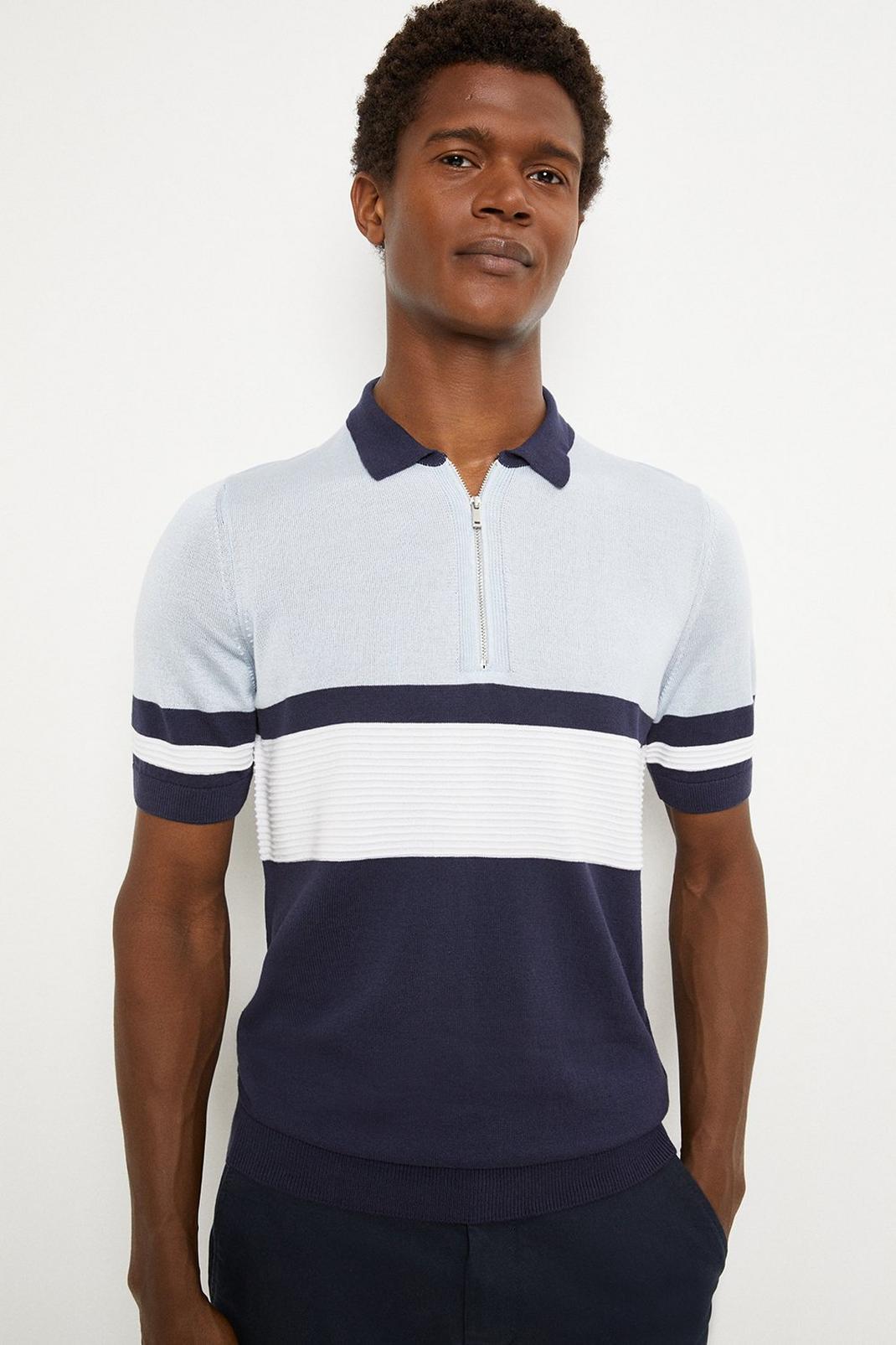 Navy Slim Fit Chest Block Stripe Knitted Polo image number 1