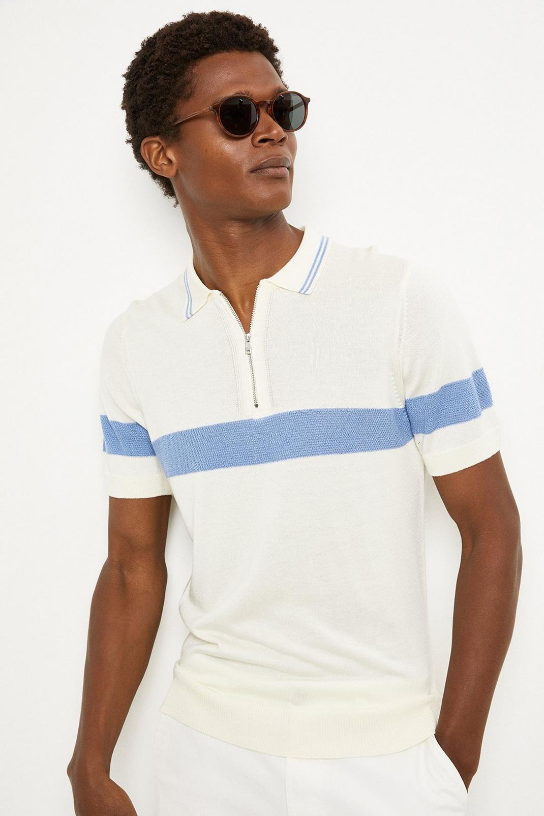 Slim Fit Ecru Chest Stripe Zip Knitted Polo image number 1