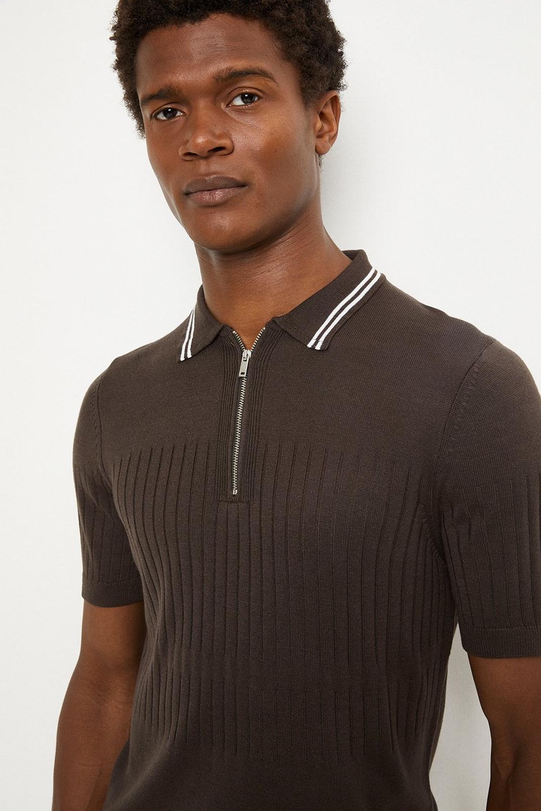 Clay Slim Fit Dark Brown Tipped Knitted Polo image number 1