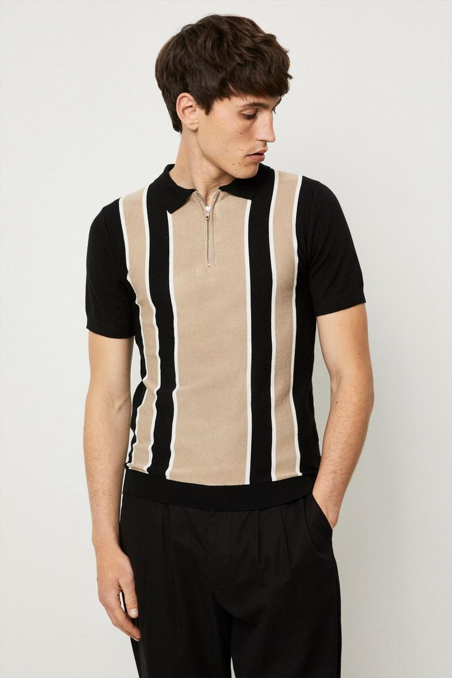 Black Colour Block Knitted Zip Polo Shirt