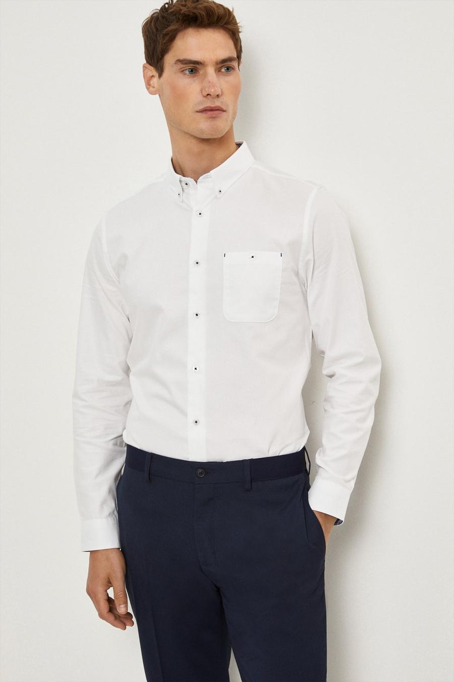 Regular Fit White Long Sleeve Textured Shirt