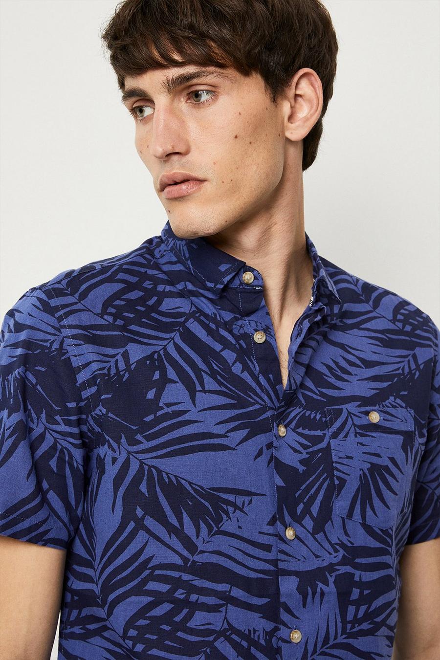 Blue Linen Blend Palm Print Shirt