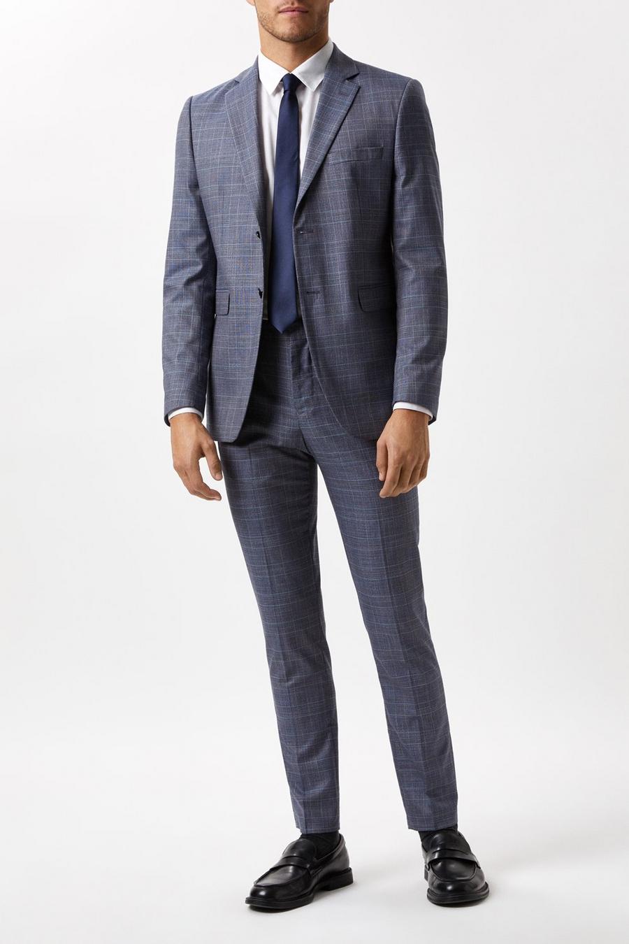 Skinny Fit Blue Check Three- Piece Suit