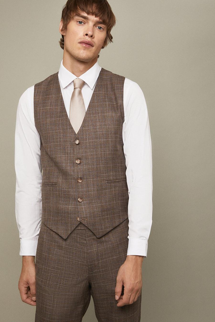 Skinny Fit Neutral Checked Three- Piece Suit