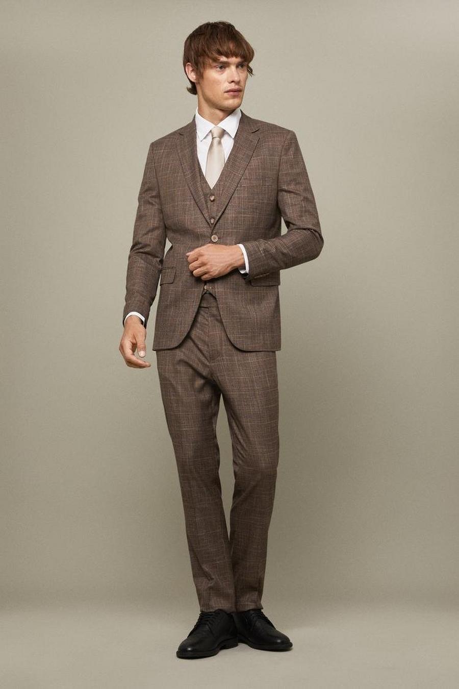 Skinny Fit Neutral Check Suit Jacket