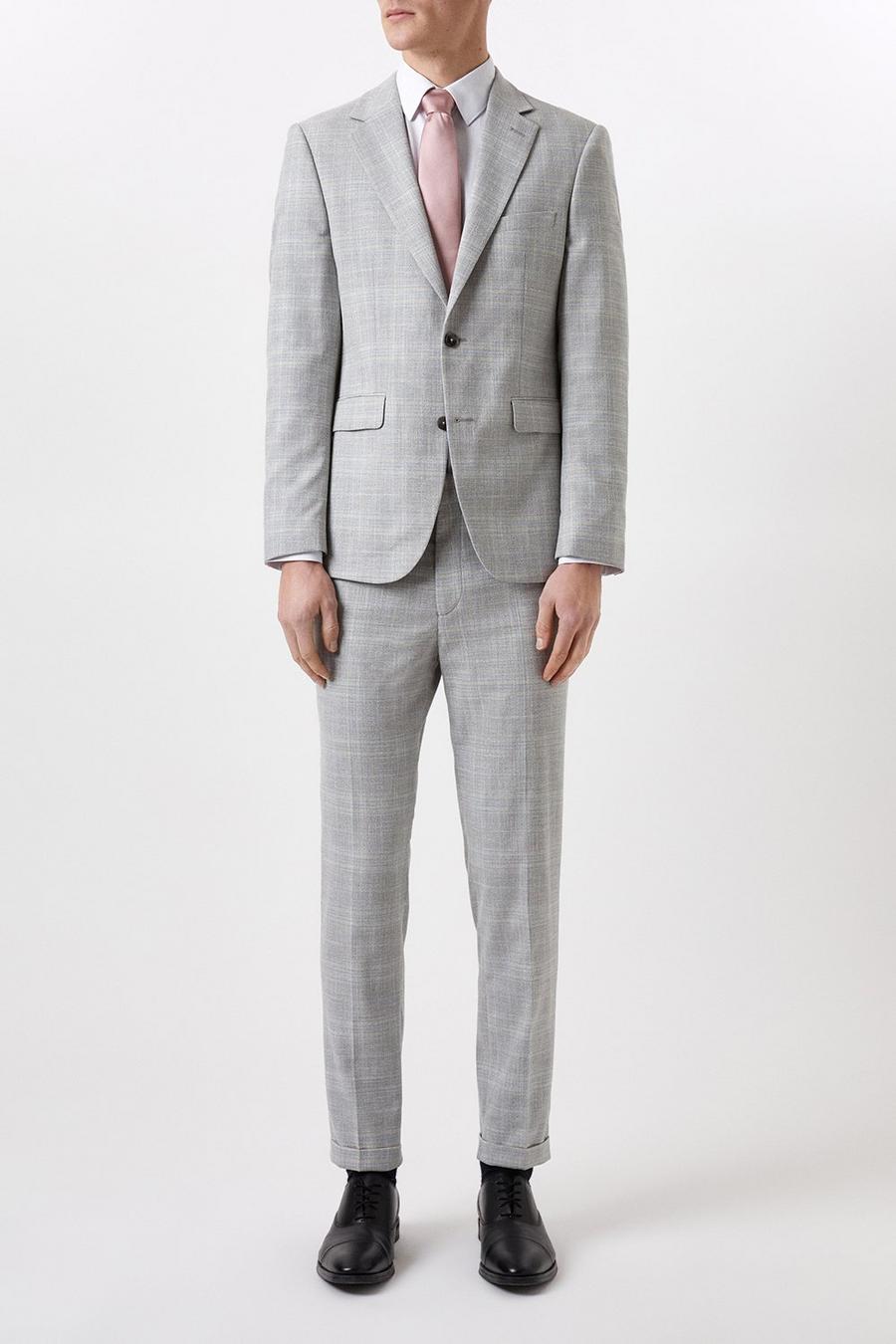 Slim Fit Grey Textured Check Three-Piece Suit