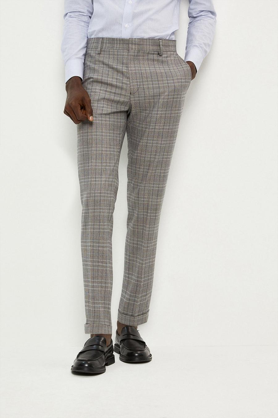 Skinny Fit Grey Blue Pow Check Suit Trousers