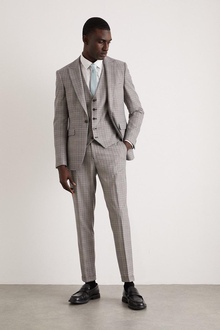 Skinny Fit Grey Blue Pow Check Suit Jacket