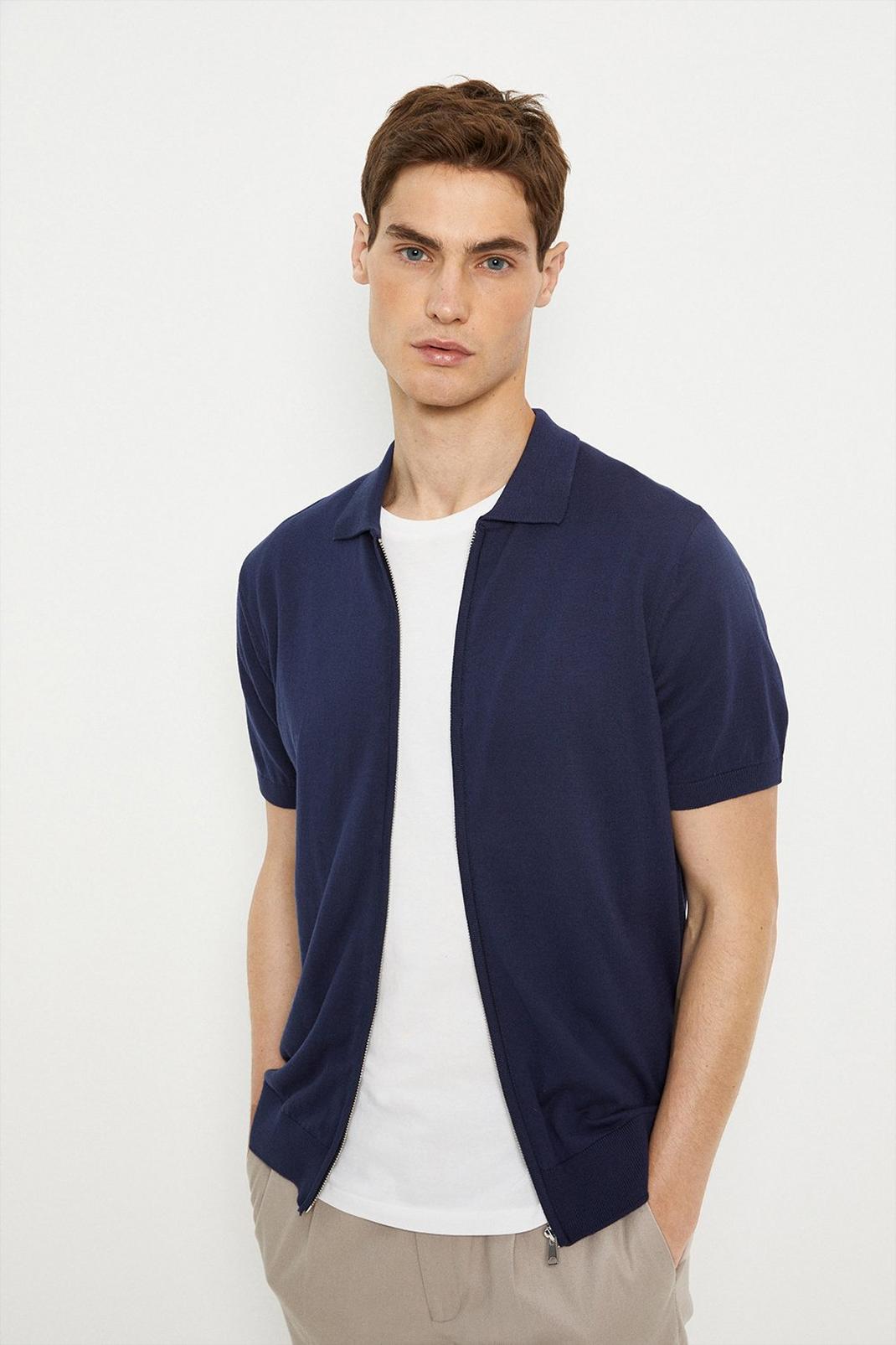 Navy Regular Fit Zip Through Knitted Polo Shirt image number 1